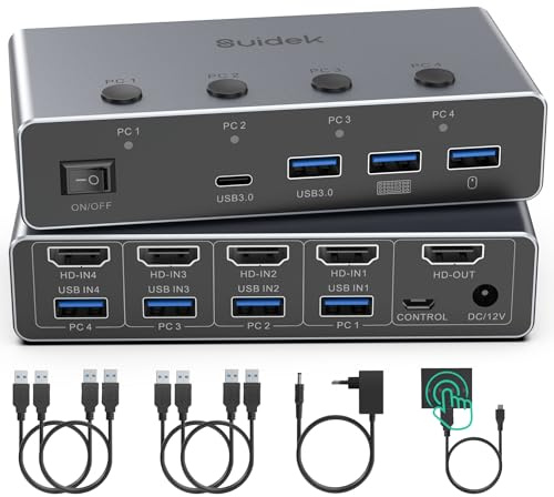 HDMI KVM Switch 8K@60Hz para 4 Ordenadores 1 Monitor - 4 Puertos USB 3.0 (3A+1C) en Aluminio, Comparte Teclado Ratón - Incluye 4 Cables USB, Controlador de Escritorio y Adaptador de Corriente 12V