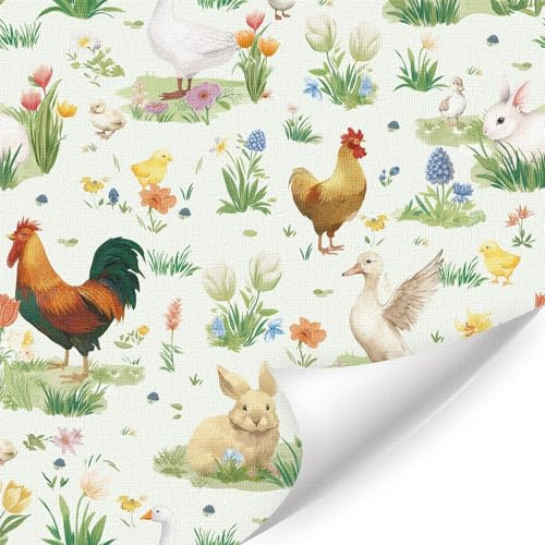 ANHUIB Farm Animals Plants Peel and Stick Wallpaper Rooster Goose Duck Floral Contact Paper(44x300cm) Botanical Flower Rabbit Wallpaper Wildflower Animals Stick on Wall Paper for Kitchen Cupboard