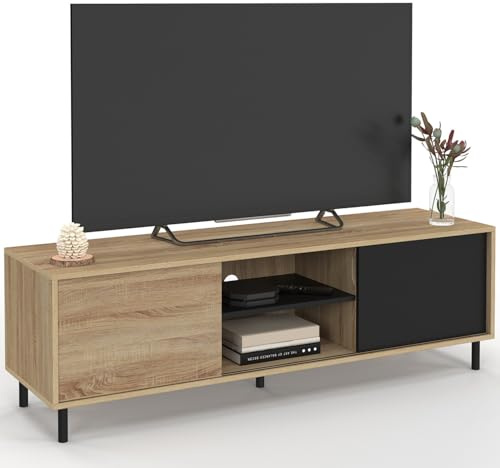 IDMarket – Mueble TV 140 cm Easy Montaje sin herramientas, 2 puertas correderas reversibles, efecto madera y negro