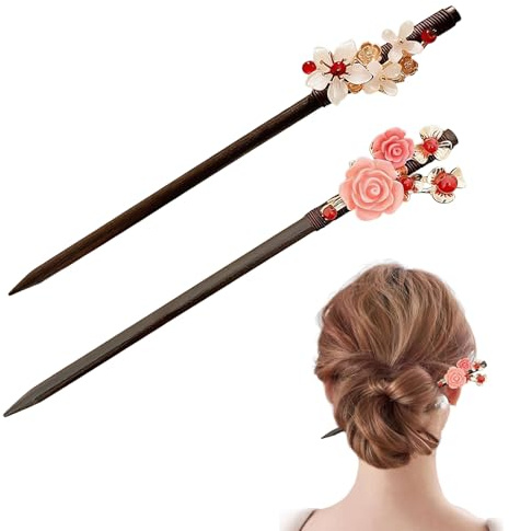 CutitiUU Lot de 2 baguettes à cheveux rétro chinoises japonaises en bois,Épingles à Cheveux Japonaises Rétro en Forme de Fleur Faites à la main,Élégant Pour Coiffures Traditionnelles Chinoises (A)
