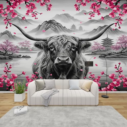 AevuCub Tapete Hochlandrind, Fototapete Japanische Kirschblüten Schlafzimmer, Tapeten Vliestapete Hochland Kuh Wohnzimmer, Wandtapete Kinderzimmer Asiatisch Wanddeko, 250 x 175 cm (B x H)