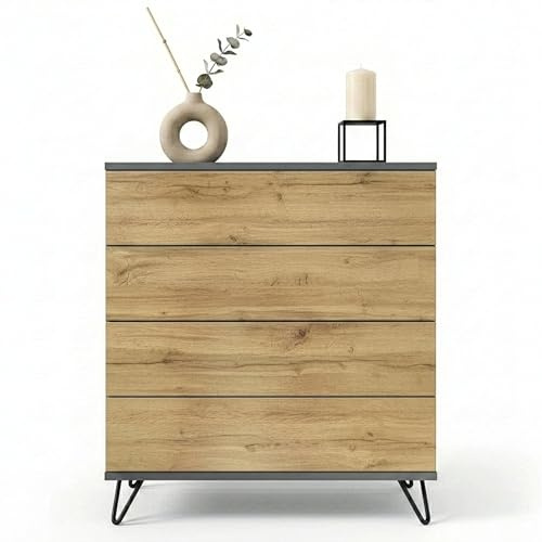 InnoFurn Kommode Elara, Schrank mit 4 Schubladen, Sideboard mit Push-to-Open, Made in Germany, für Schlafzimmer & Wohnzimmer, Anthrazit/Eiche Evoke (76x84x35 cm)