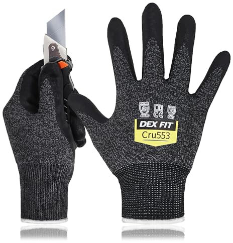 DEX FIT Level 5 Schnittschutzhandschuhe Cru553; 3D-Komfort-Passform, Fester Griff, Dünn und Leicht, Touchscreen-Kompatibel, Langlebig, Atmungsaktiv und Kühl, Waschbar; Schwarz Grau S (7) 1 Paar
