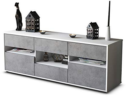 Stil.Zeit TV Schrank Lowboard Annamaria, Korpus Weiss matt, Front Industrie-Design Beton (135x49x35cm), Push to Open Technik & Leichtlaufschienen