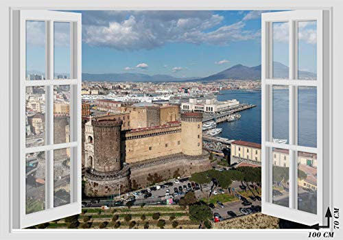 Adesivi Murali Finestra - Paesaggi Vari Mare e Oceano - WALL STICKERS 3D parete muro (70x100 cm, Vesuvio Castello Napoli Golfo - N030)