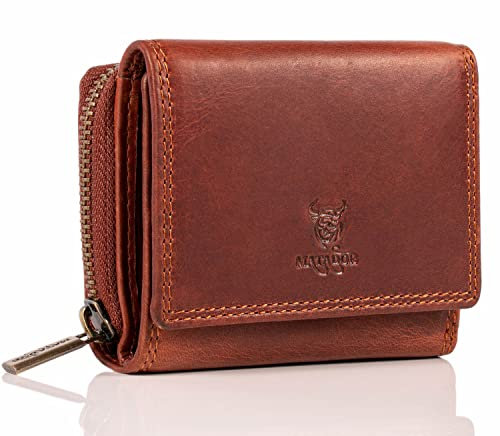MATADOR® CHIQUITO Echt Leder Klein Geldbörse Damen Mini Geldbeutel Herren TüV geprüfter RFID & NFC Schutz inkl. Geschenk-Box (Vintage Braun)