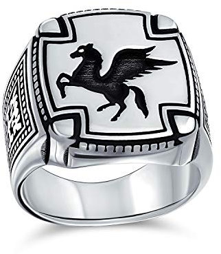 Bling Jewelry Personalisieren Sie großen zweifarbigen antiken griechischen mythischen fliegenden Pferdekreatur Pegasus Siegelring für Männer Teenager oxidiertes .925 Sterlingsilber anpassbar