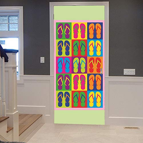 A.Monamour Sticker Porte Autocollant Poster de Porte 3D Tongs De Plage Été Colorées Pantoufles Pop Fond Vert Vinyle Affiche de Porte Sticker Mural Papier Peint Art Décor 77 x 200 cm