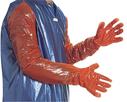 Einweg-Geburtshandschuhe orange 92cm lang, Box mit 100 Stueck, sehr widerstandsfaehig, CE Normen EN374-1 und 2, EN 420