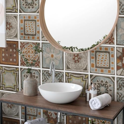 RE-COVERTILES - Fliesenaufkleber Badezimmer und Küche 24 Stck 10x10 cm - PS00167 PVC-Wanddekoration Wasserdicht Fliesen Mosaik Stil Azulejos-Zementfliesen