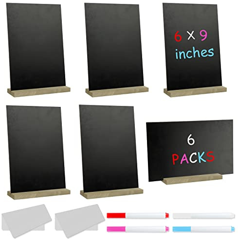 VIPITH 6Pack Double Sided Mini Chalkboard Signs, Wooden Rectangle Small Blackboard with 4 Erasable Pens 2 Cleaning Cloth for School, Food Signs, Message Board Blue, White, Pink, Red, 6''x9''