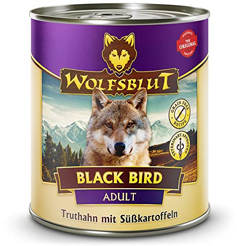 WOLFSBLUT – Black Bird Adult | Nassfutter mit natürlichen Zutaten und Superfoods für ausgewachsene Hunde. Getreidefreies Alleinfutter ohne Zusatzstoffe in der Dose | 6x800g Truthahn