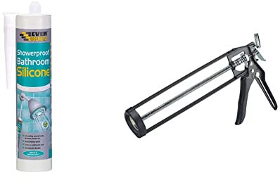 Everbuild EVBSHOWWE Showerproof Bathroom Silicone Sealant, White, 280 ml & Professional Caulk, Sealant, Adhesive Application Gun For Up To C3/310 ml Cartridges