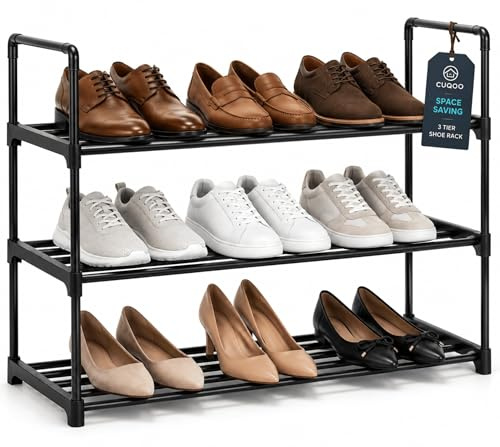 CUQOO Shoes Rack 3 Tier | Metal Shoe Shelf - Bedroom Shoe Storage, White | 3 TIER FLOOR MOUNT: extendable · expandable · hallway · entryway · closet · freestanding · stackable · 15 pairs