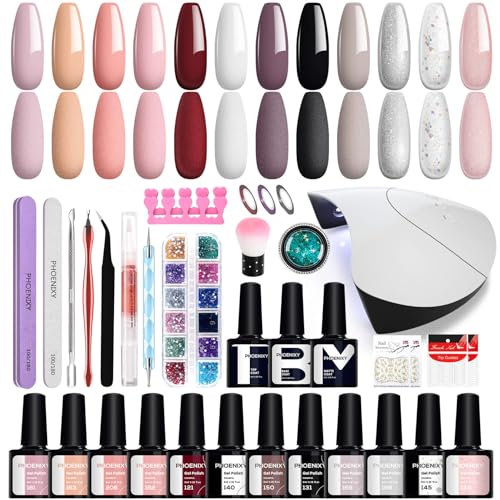 Phoenixy U V Nagellack Set 12 Farben Gel Nägel Set mit 36W U V/ LED Nagellampe Gel Nagel Farblack Set Geschek für Frauen