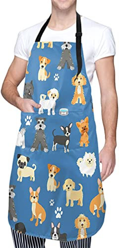 Kawani Schürze für Erwachsene mit Hundemotiv, mit Taschen, Küche, Backen, Kochschürze für Damen und Herren, Hunde-Aufdruck, One size