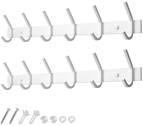Dripex Garderobenleiste Rostfrei Edelstahl Kleiderhaken Garderobenhaken Doppelhaken bis zu 30kg belastbar Haken Weiß, 6 Haken 2 Stück
