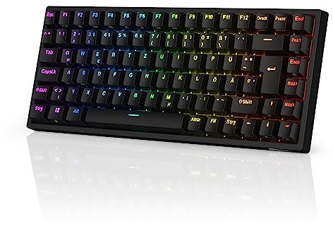 RK ROYAL KLUDGE RK84-DE 75% Gaming-Tastatur, 85 Tasten Kompakte Tastatur, Bluetooth Mechanische Tastatur, Blaue Schalter, RGB Hintergrundbeleuchtung, 2.4Ghz Gaming Tastatur für Mac & Windows, Schwarz