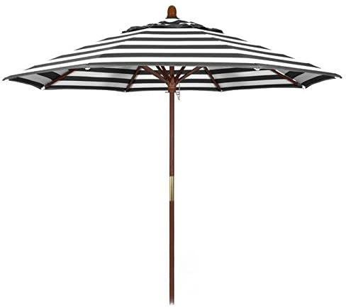 Terrassenschirm aus Holz, 2,7 m, schwarz-weiß gestreift, Gartenschirm, Tisch-Marktschirm mit Seilzug-System, für Hof, Strand, Deck, Café, Sonnenschutz