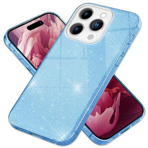 NALIA Glitzerhülle für iPhone 15 Pro - Grip - Hülle, Blau | Partikel fest im Material eingeschlossen, 3-Schicht-Schutzaufbau mit Hardcase-Kern, Erhöhter Kamerarand, SHINEPOP