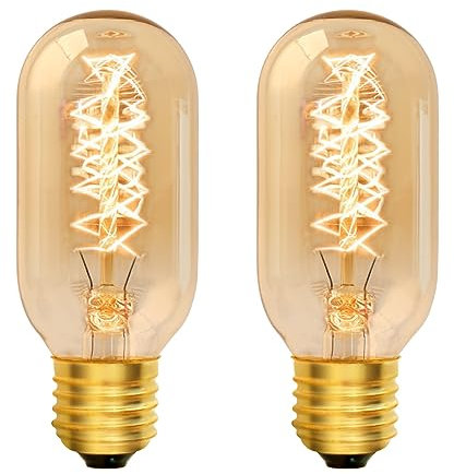 Caldarax E27 Vintage Edison Light Bulb Dimmable, T45 Vintage Decorative Light Bulbs, Warm White 2700K, Amber Glass, AC 230V, E27 Edison Screw Spiral Retro Bulbs, Filament Tube Bulb, 2 Pack