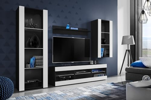Komodee Wohnwand Wohnzimmerset Tivoli Medio, Weiß/Schwarz, Breite 245cm x Höhe 159cm x Tiefe 35cm, ohne LED, für Wohnzimmer, Schlafzimmer