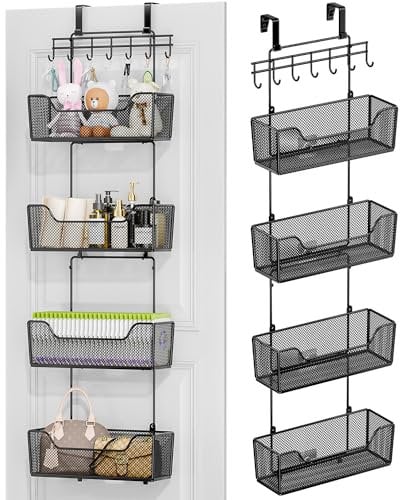 HapiRm Over The Door Organizer - Hanging Door Organizer with 4 Metal Large Capacity Baskets and Adjustable Coat Hook, Behind Door Storage for Bathroom Bedroom Kitchen Pantry Closet Cabinet