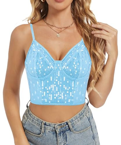 Segreto Damen Glitzer Pailletten Push Up Bustier Ärmellos Spaghettiträger Sexy Crop Top Trägertop Festival Party Club Blau Camisole
