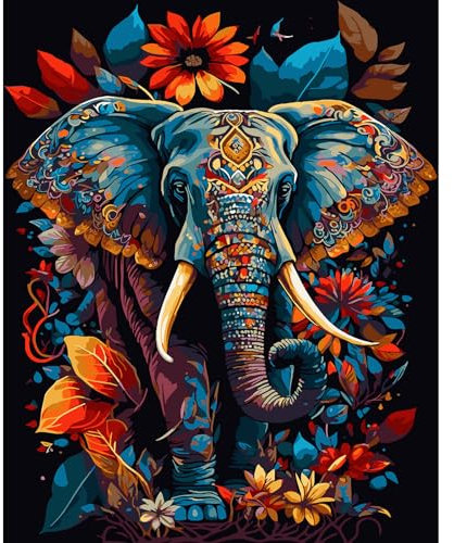 HEIBAGO Éléphant Peinture par Numéros pour Adulte, Kit de Peinture à l'huile sur Toile Bricolage pour Débutants, Animaux Peinture à l'huile avec Pinceaux pour la Décoration d'intérieur, 40x50cm