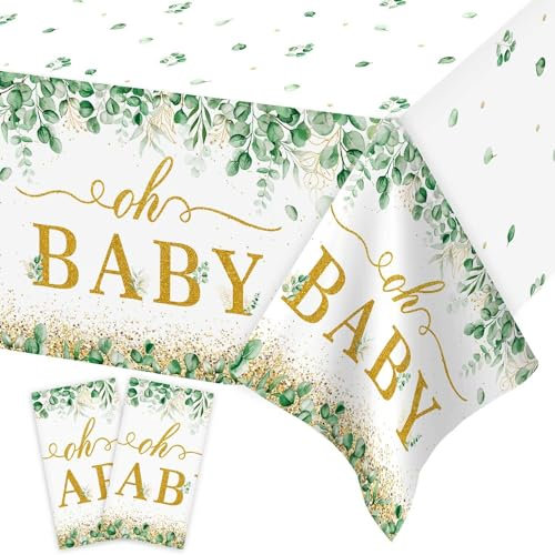 Heboland Babyparty Deko Neutral Tischdecke Salbeigrün, 2 Stück 137 x 274cm Oh Baby Tischdecke für Babyparty Deko Junge Mädchen Baby Shower