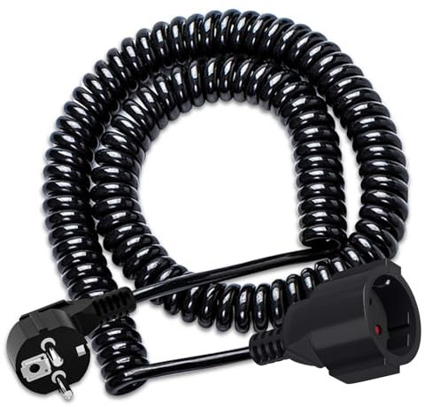 Schutzkontakt-Spiralverlängerung, Schutzkontakt Spiralleitung, 0,8 m auf 3m dehnbares Spiral-Kabel mit Schutzkontaktwickelstecker, 250V / 16A Schutzkontaktkupplung, Verlängerungskabel, Schwarz