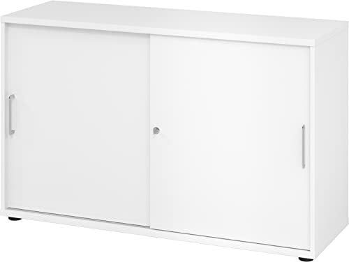 bümö Schiebetürenschrank 2OH - Aktenschrank abschließbar, Sideboard Schrank mit Schiebetüren in Weiss, Bügelgriff - Büroschrank aus Holz mit Schiebetür, Büro Kommode für Ordner & Co.