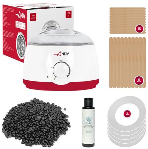 Anyskin Brasilianisches Wachs Komplett-Set mit professionellem Wachserhitzer 100 Watt, brasilianisches Wachs, Bohnen, 250 g, Schwarz, Made in Italy, Afterwax Öl 100 ml, 5 Wachspads und Holzspatel 25