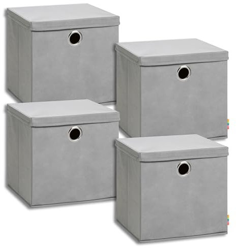 Storanda | 4er Set Aufbewahrungsbox 34x34x33 cm mit Deckel | Extra Große Griffe | Stabil & Faltbar | Regalbox für Würfelregal | Ideal für Zuhause & Kinderzimmer | Grau