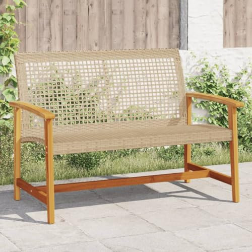 HEFZGDB Gartenbank Beige 112 cm Poly Rattan und Akazienholz Balkon Sofa Gartenmöbel Lounge Sofa Outdoor Geeignet für Terrasse, Pool und Garten.