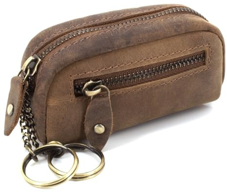 ekavale Leder Schlüsseltasche mit 2 Ringen 2 Fächer - Schlüsselbeutel mit Reißverschlussfach – Schlüsselmappe mit Geldfach (Camel)