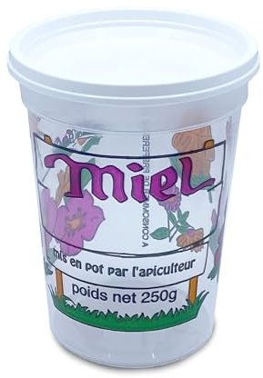 Lot de 10 Pots en Plastique avec Couvercles de 250g, Nicot impression 4 Couleurs (PEP), Pots pour Conditionner le Miel ou autre utilisation Alimentaire, Prêts à l’emploi. FABRIQUER EN FRANCE