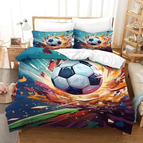 DCABEIOOE Fußball 3D Print Betten Motiv Bettwäsche Set Bettwäsche Bettbezug Und Kissenbezug Mit Reißverschluss Kinder Bettwäsche Single(140x200cm)