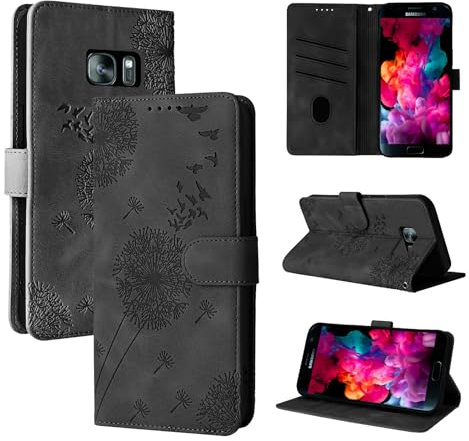 Rostsant Handyhülle für Samsung Galaxy S7 - Löwenzahn PU Leder Flip Case Brieftasche Tasche Hülle Magnetisch Schwarz