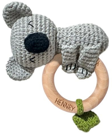 NGTSFLY Personalisierte Geschenke Baby - Personalisierter Beißring Baby aus Holz - Greifling Personalisiert Babyrassel mit Name, Geschenk zur Geburt Junge und Mädchen (Koala im Kreis)