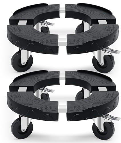 Humagineer Pflanzenroller rund schwarz verstellbar 38CM-48CM, Schwerlast-Rollbrett Pflanzen mit 4 PE-Rollen und Edelstahlrohr Tragkraft 220KG, Rollbrett rund für Blumentopf und Sonnenschirme, 2 Pack