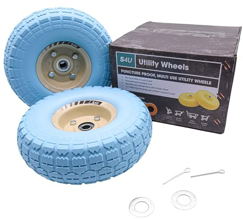 S4U 2x10” Sack Barrow Wheels Hand Truck Trolley Wheels Cart Solid Wheelbarrow Wheel 3.5-4 PU Heavy Duty Puncture Proof Trolley Wheels 16mm Bearing Wheel Nylon locking nuts (Baby Blue)