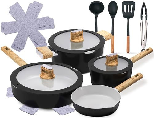 NutriChef Ceramic Pots and Pans Set Non Stick 14 Piece – Induction Hob Cookware Set with Glass Lids, Even Heat Distribution, Black