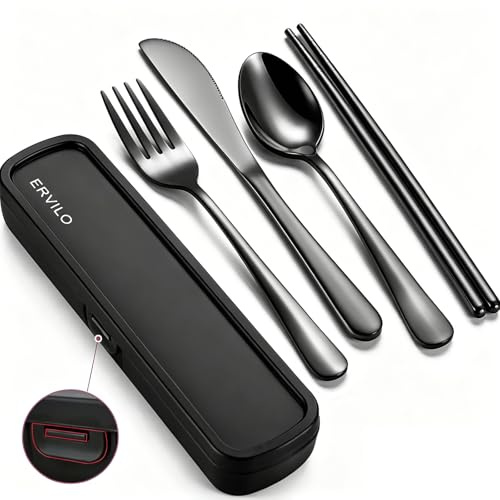 Travel Cutlery Set with Case, Stainless Steel Camping Utensils, Reinforced Case with Snap-Lock Closure, Include Fork Spoon Knife Chopsticks, Portable Lunch Box Silverware for Picnic Office, Black