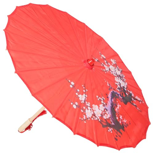 Hemobllo Paraguas Chino de Seda Pequeño Estilo Vintage Sombrilla Decorativa Reutilizable en Color Rojo Oscuro Mango de Bambú para Fotografía Disfraces y Decoración Interior