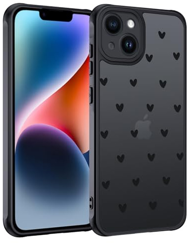 TUUTPU Handyhülle für iPhone 14 Hülle, Aesthetic Motiv Herz Muster Design Matt Transluzente Schlanke Hart Case Kratzfeste PC Rückseite + TPU Bumper Stoßfest Schutzhülle, Schwarz