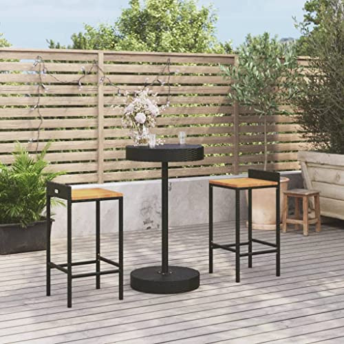 JHQHSM 3-TLG. Gartenbar-Set Schwarz aus Poly Rattan & Massivholz Akazie mit runden Bartisch und Barhocker für Terrasse, wetterfestes PE-Rattan und pulverbeschichteter Stahlrahmen