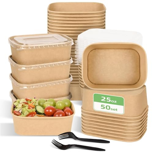 50 Pack Disposable Meal Prep Containers, 25oz Leak Proof Disposable Large Paper Bowls with Lids and Forks for Salad, Soup, Noodles, Microwavable and Freezer Storage Use Cardboard Food Containers