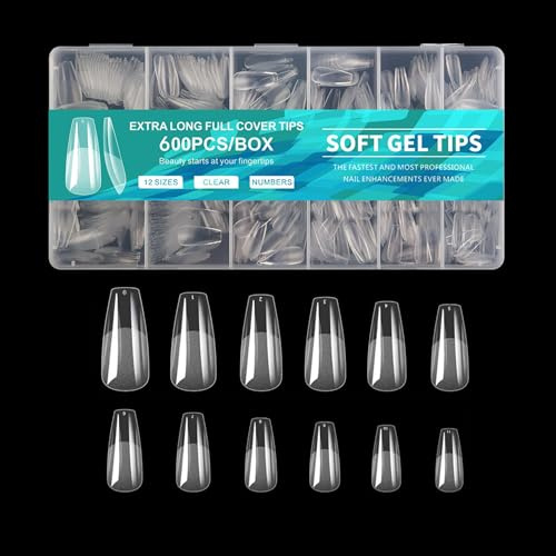 TRIXES Extra-Long Acrylic Nail Extensions - Coffin, 12 Sizes - 600PCS | Ideal for Salon or Home Use, Clear - Flexible Acrylic