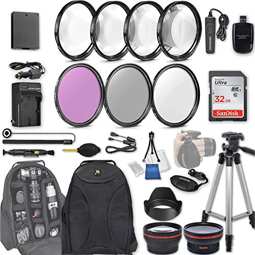 58mm 28 Pc Accessory Kit for Canon EOS Rebel T7, T6, T5, T3, 1300D, 1200D, 1100D DSLRs with 0.43x Wide Angle Lens, 2.2X Telephoto Lens, 32GB Sandisk SD, Filter & Macro Kits, Backpack Case, and More